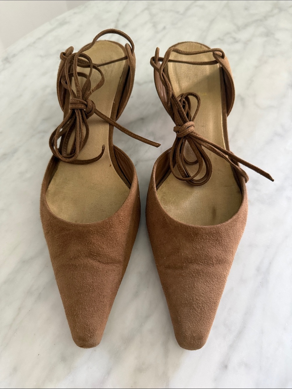 Calvin Klein Vintage Suede Brown Pointed-Toe Lace-Up Heels